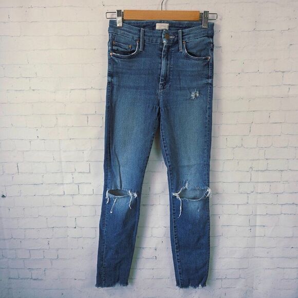 MOTHER Denim - Mother High Waisted Looker Ankle Fray Jeans Size 24 Get Your Groove Back Blue